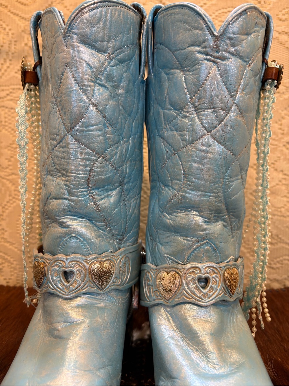 Handcrafted Tony Lama Metallic Light Blue Western Heart Accent Bridal Bling Boot - Picture 4 of 13